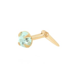 light blue cubic zirconia nose stud in 9ct yellow gold shown side on against a white background
