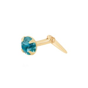 gold london blue cz nose stud shown in side profile with faceted round blue stone and yellow gold fitting