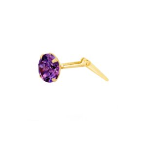dark purple cubic zirconia nose stud in 9ct yellow gold shown side on against a white background