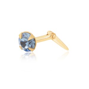 light blue crystal nose stud in 9ct Yellow Gold, angled product image with Andralok fitting detail on a white background