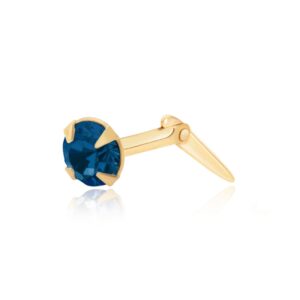 9ct Yellow Gold nose stud with dark blue crystal, close-up side view with pointed post detail