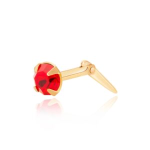 9ct Yellow Gold red crystal round nose stud shown in side profile on a white background