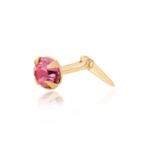 pink crystal round nose stud in 9ct Yellow Gold, angled product image with Andralok fitting detail