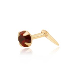 9ct Yellow Gold dark red crystal round nose stud with claw setting and pointed post, cut out on white