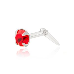 Sterling Silver ruby red crystal round nose stud shown in side profile on a white background
