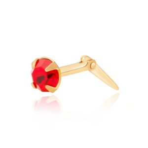 9ct Yellow Gold ruby red crystal round nose stud shown in side profile on a white background