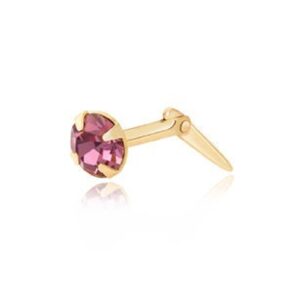 gold light purple crystal nose stud shown in side profile with a faceted round stone and yellow gold fitting on a white background