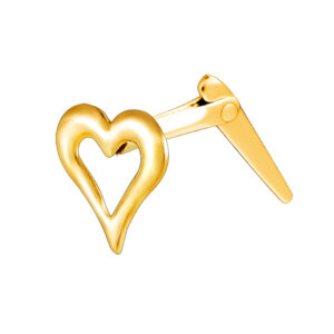 gold openwork heart nose stud shown side-on with polished heart outline detail