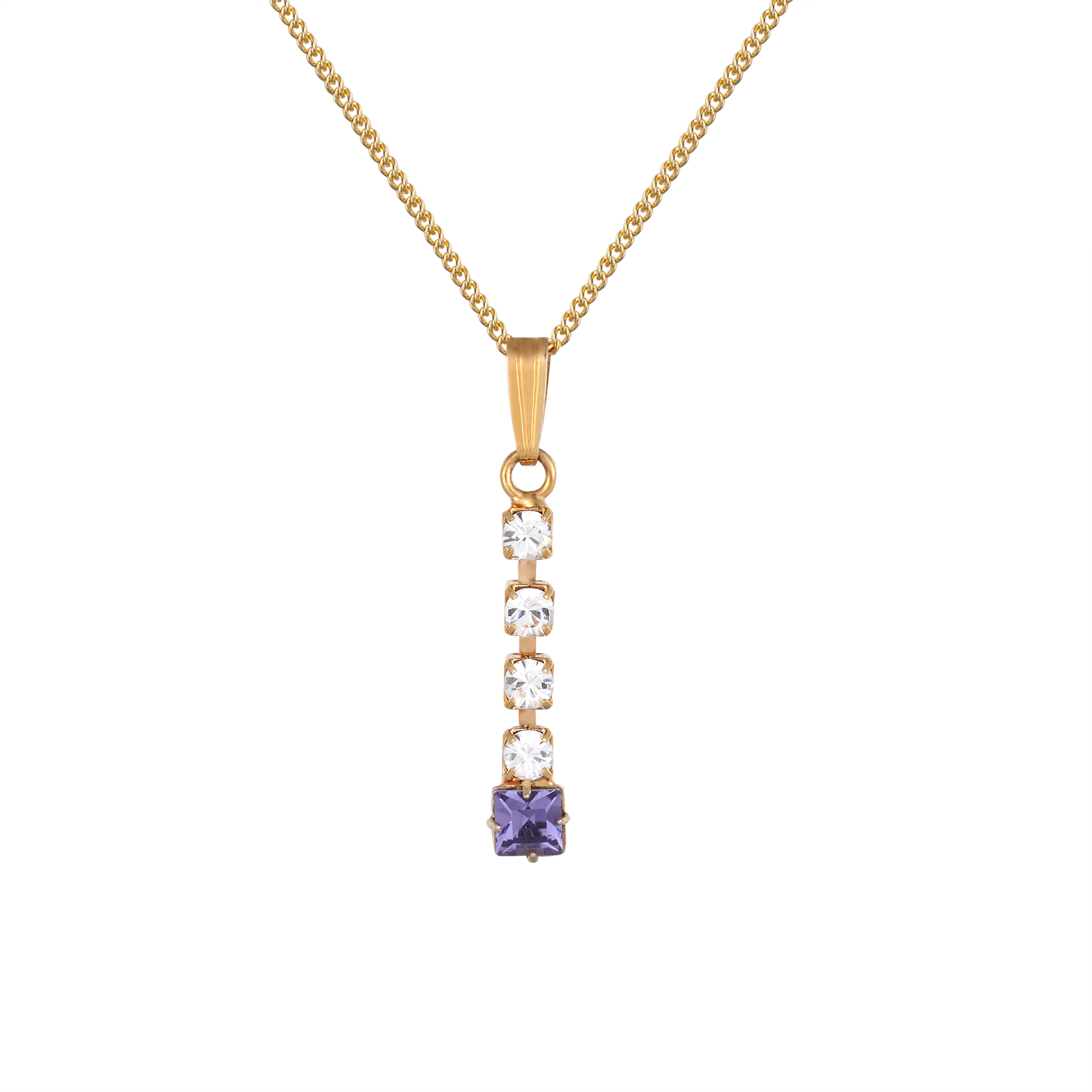 Square crystal necklace with vertical drop in gold plate