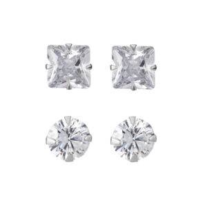 Set of Two 9ct White Gold Round and Square CZ Stud Earrings
