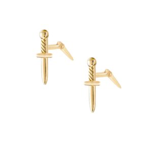 Gold plated dagger stud earrings with clean dagger silhouette on white background