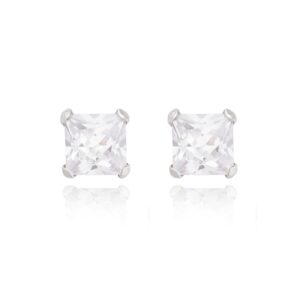 silver square cz stud earrings front view in sterling silver