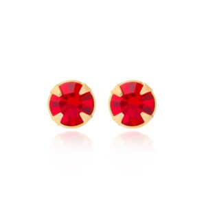 9ct Yellow Gold red crystal round stud earrings shown front on as a matching pair on a white background