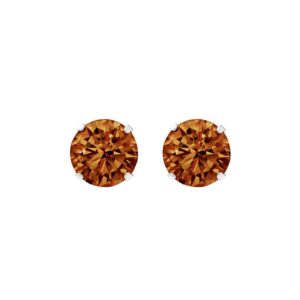 silver brown cz stud earrings with round brown cubic zirconia and four claw setting, front view
