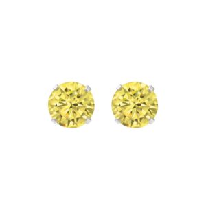 silver yellow cz stud earrings with round yellow cubic zirconia and four claw setting, front view