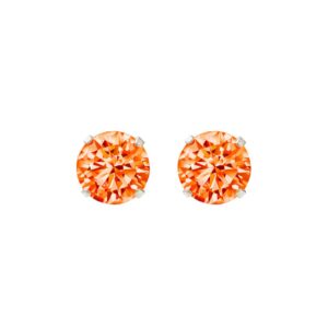 silver orange cz studs in Sterling Silver, pair shown front facing on a reflective white background