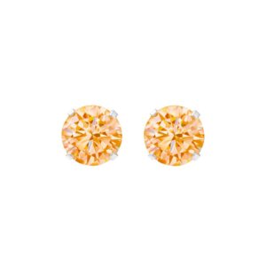 silver light orange cz stud earrings in Sterling Silver, pair front view on white background