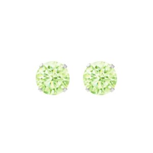 silver light green cz studs in Sterling Silver, pair shown front facing on a reflective white background