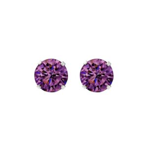 silver purple cz studs in Sterling Silver, pair front view on white background