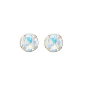 pair of aurora borealis crystal stud earrings in sterling silver shown front on against a white background