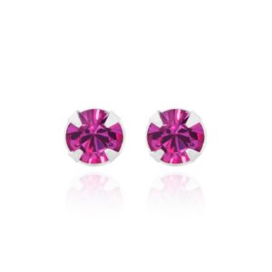 silver hot pink crystal studs in Sterling Silver, pair shown front facing on a reflective white background
