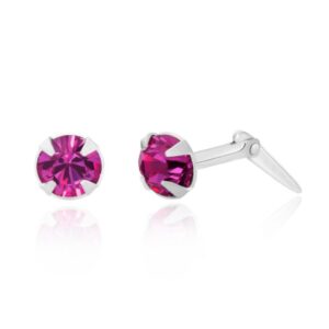 silver hot pink crystal studs with one earring angled to show the Andralok hinge fitting