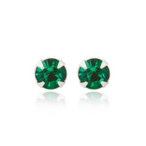 silver dark green crystal studs in Sterling Silver, pair shown front facing on a reflective white background