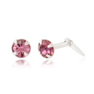 silver light purple crystal studs with one earring angled to show the Andralok hinge fitting