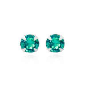 silver blue zircon crystal studs with round blue stones and claw setting, front view