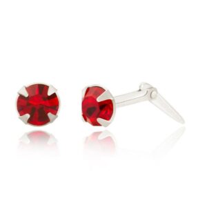 Sterling Silver ruby red crystal round stud earrings shown with one front view and one side view on a white background