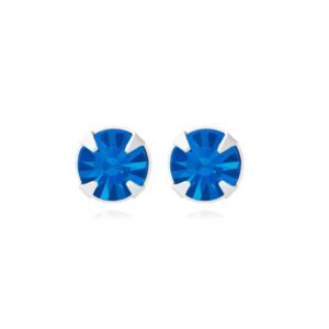silver blue crystal studs with round blue stones and claw setting, front view