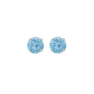 gold london blue cz stud earrings with round faceted stones and yellow gold claw settings