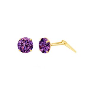 dark purple cubic zirconia stud earrings in 9ct yellow gold shown with one front view and one side view on a white background