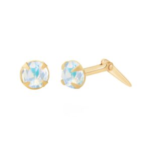 gold aurora borealis stud earrings shown with one front view and one side profile with Andralok fitting detail