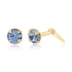 gold light blue crystal stud earrings with round faceted stones and yellow gold claw settings, cut out on white
