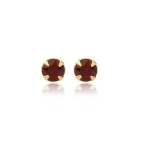 gold dark red crystal round stud earrings shown as a matching pair in front view on a white background