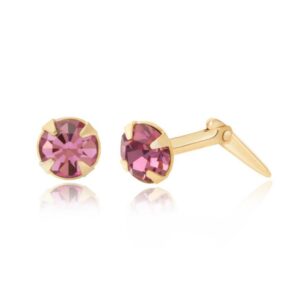 gold light purple crystal stud earrings shown with one front view and one side profile with Andralok fitting detail