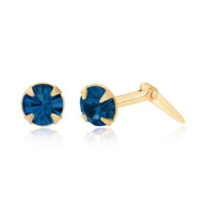gold dark blue crystal stud earrings shown front-facing with one earring side profile and hinged fitting visible