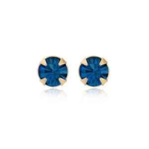 gold dark blue crystal stud earrings shown as a matching pair, front view with rich blue sparkle