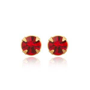 9ct Yellow Gold ruby red crystal round stud earrings shown front on as a matching pair on a white background