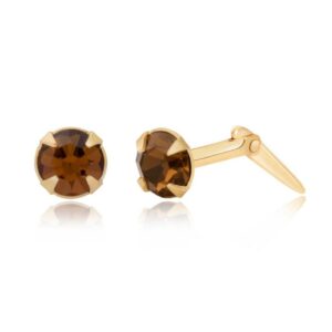 9ct Yellow Gold brown crystal round stud earrings with Andralok fitting