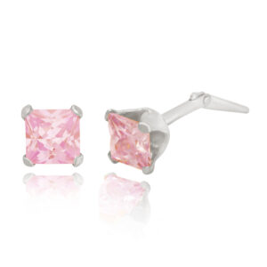 front view sterling silver pink square cz studs