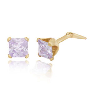 9ct yellow gold lilac square CZ stud earrings side view with Andralok hinge
