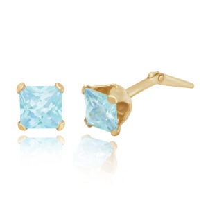 9ct yellow gold 4mm aqua square cubic zirconia stud earrings side view showing Andralok fitting