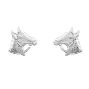 silver horse head stud earrings in Sterling Silver, front view on white background