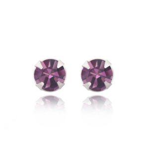silver purple crystal studs in Sterling Silver, pair front view on white background