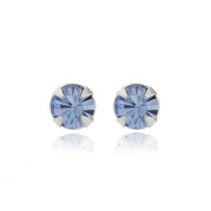 Sterling Silver ice blue crystal round stud earrings shown front on as a matching pair on a white background