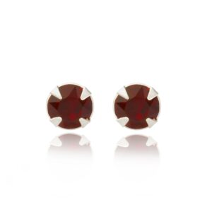 silver dark red crystal studs in Sterling Silver, pair shown front facing on a reflective white background