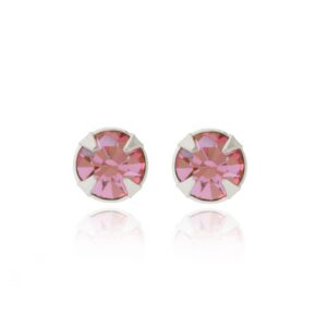 silver light pink crystal studs in Sterling Silver, pair shown front facing on a reflective white background