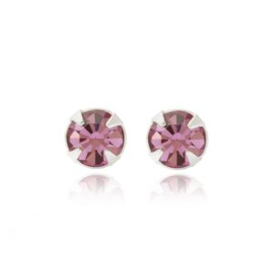silver light purple crystal studs in Sterling Silver, pair shown front facing on a reflective white background